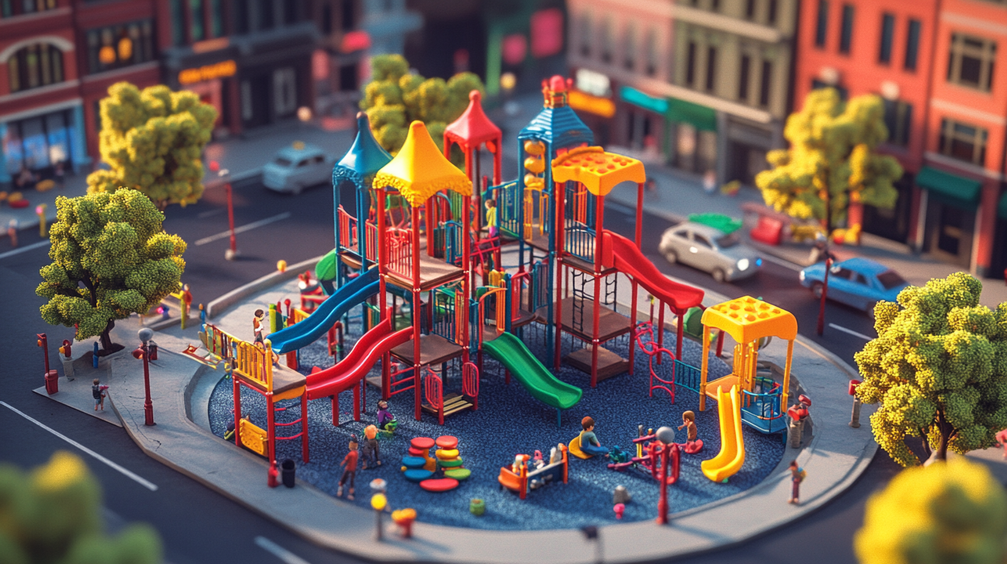 Playground in Busy City with Colorful Jungle Gym