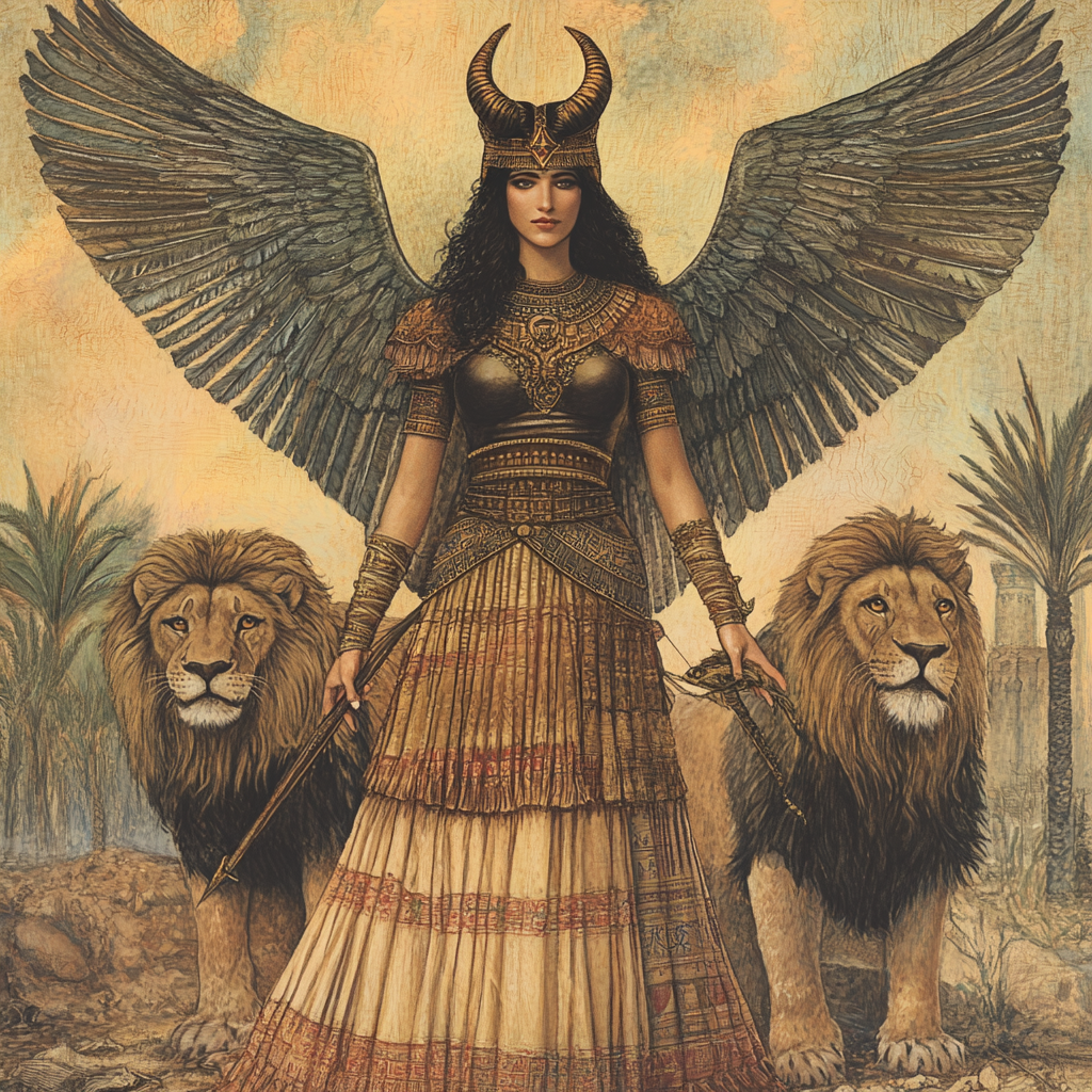 Playing card: Ishtar, Mesopotamian goddess with crown and wings