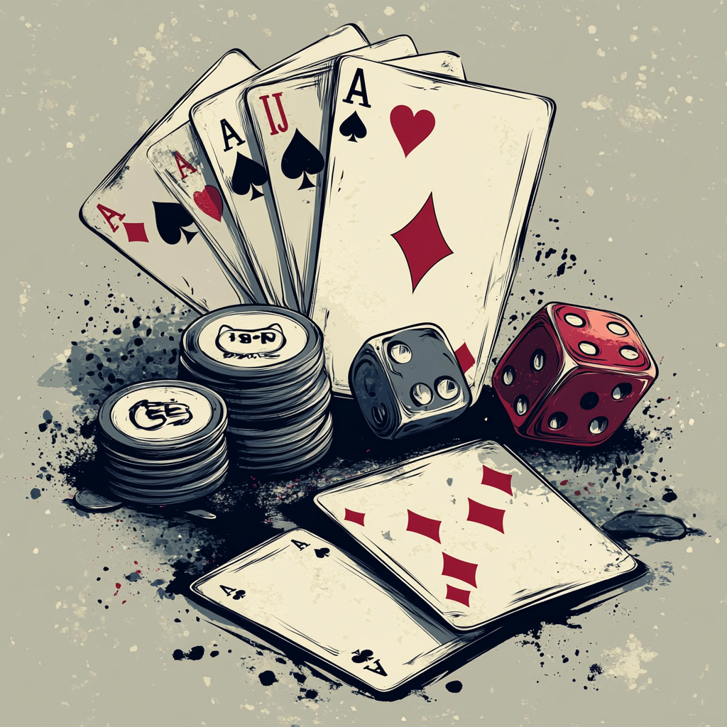 Playing cards, dice, poker chips vector illustration.