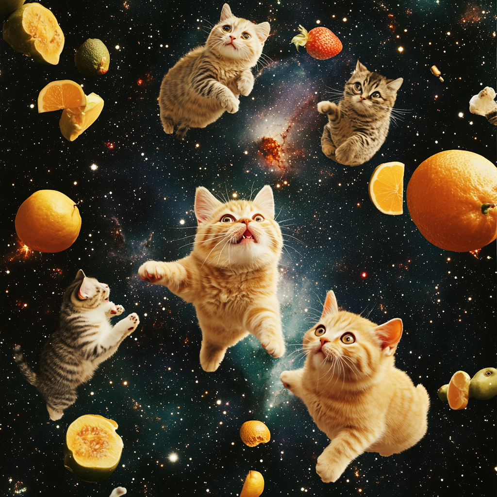 Plump cats and fruits floating in space. Galaxies, stars.