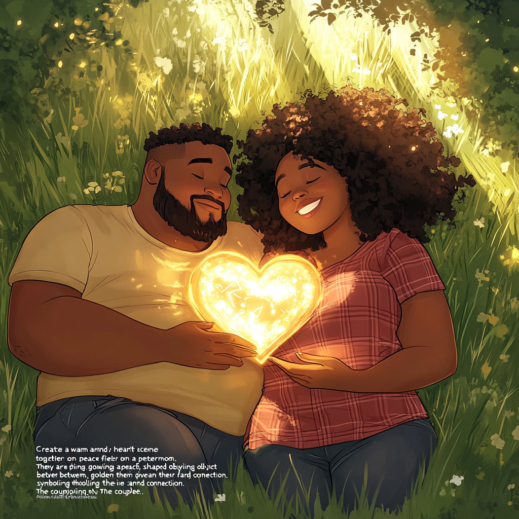 Plus-sized African American couple with glowing heart outdoors 