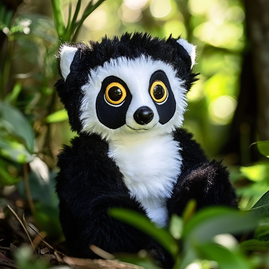 Plush Black-and-White Ruffed Lemur Toy in Madagascar Forest