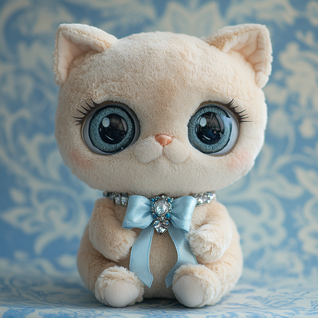 Plush two-headed cat toy with jeweled collar sits.