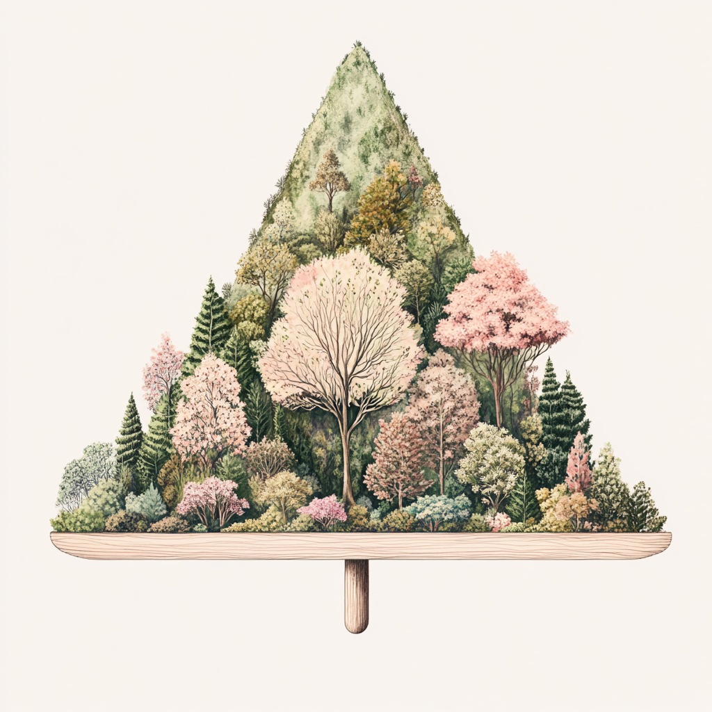 Pointy mountain with trees, wooden lever in balance.