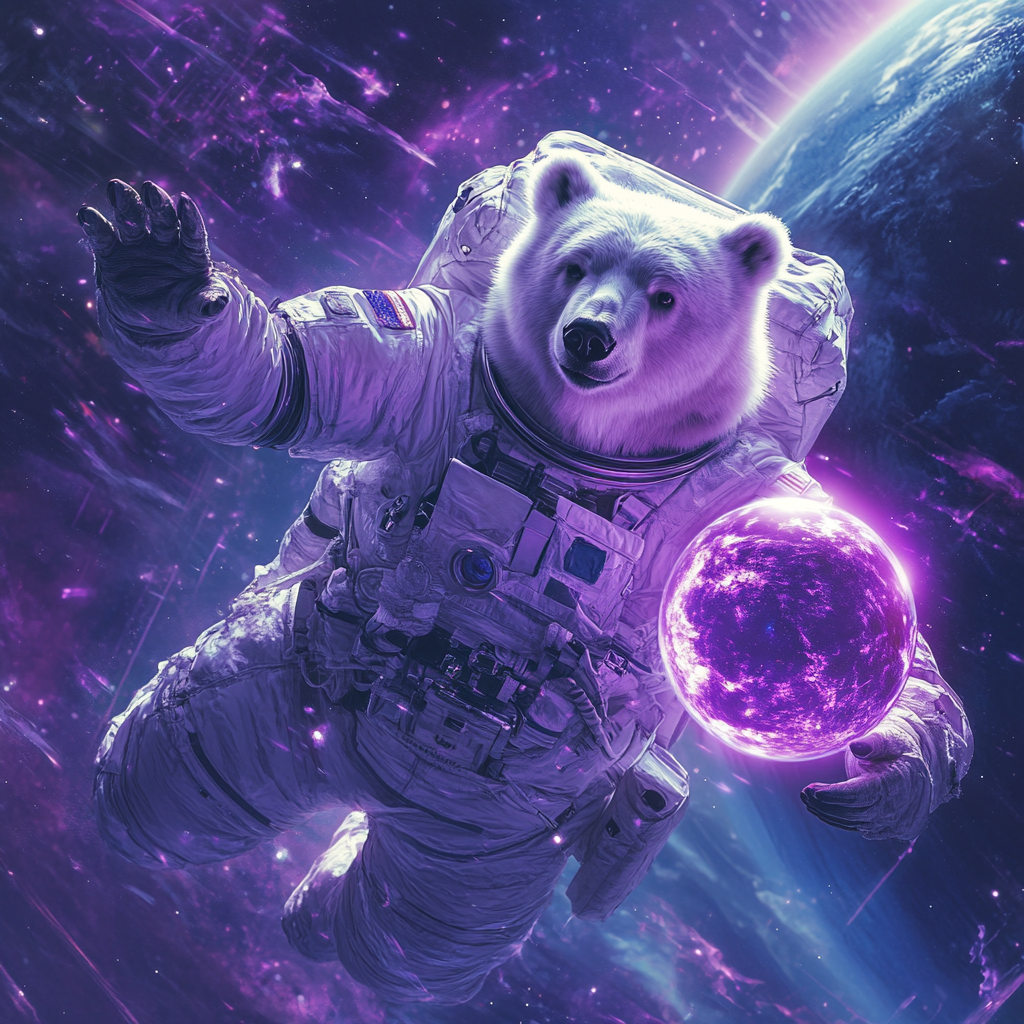 Polar Bear Astronaut Floating in Space with Magic Sphere