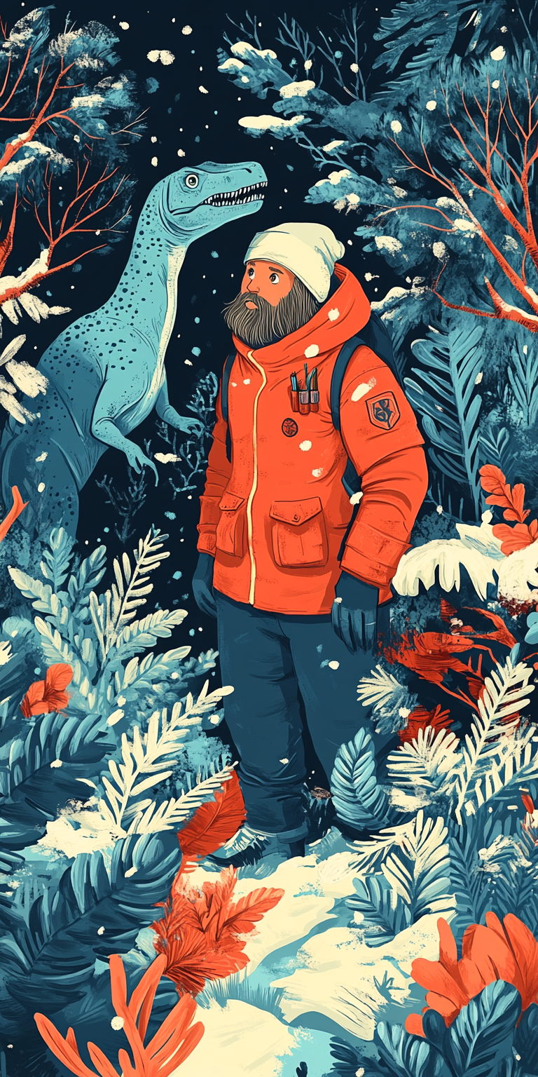 Polar explorer in winter clothes surprised in a dinosaur forest.