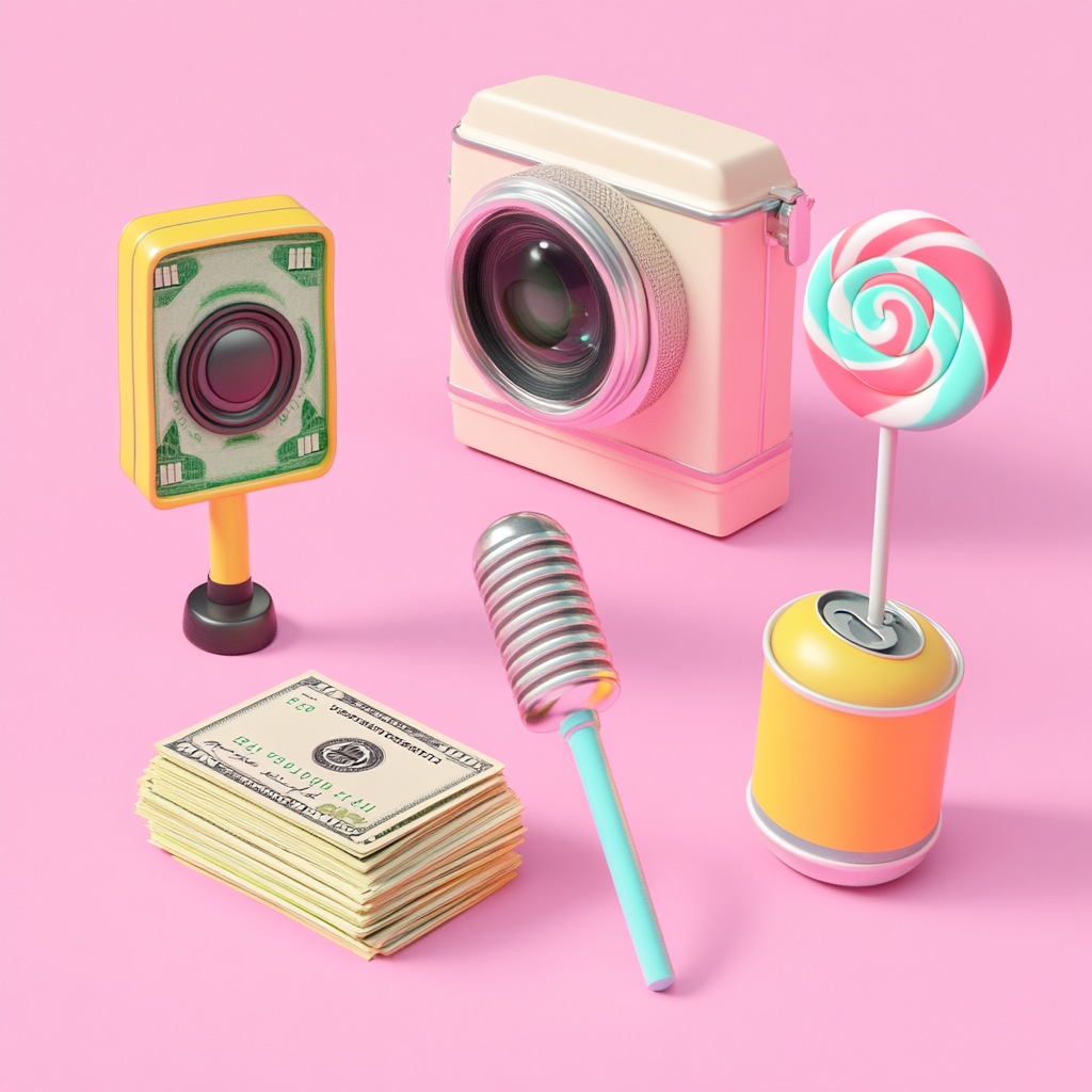 Polaroid, cash, microphone, lollipop, can pull tab icons