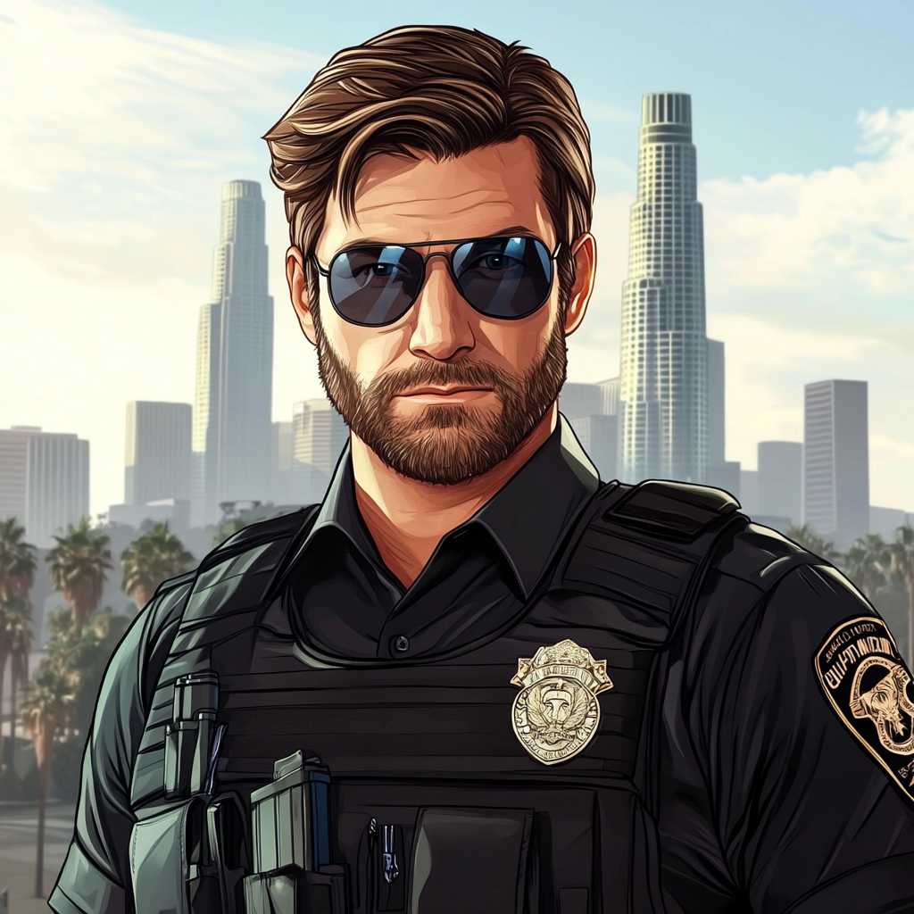 Police Officer in LA Skyline, Cartoon Style