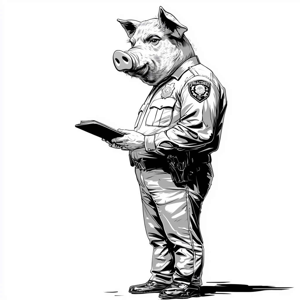 Police Officer with Pig's Snout Taking Notes