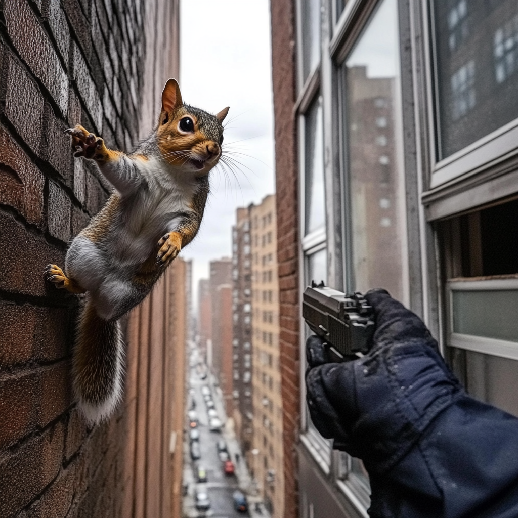 Police hold squirrel; cat watches from window.