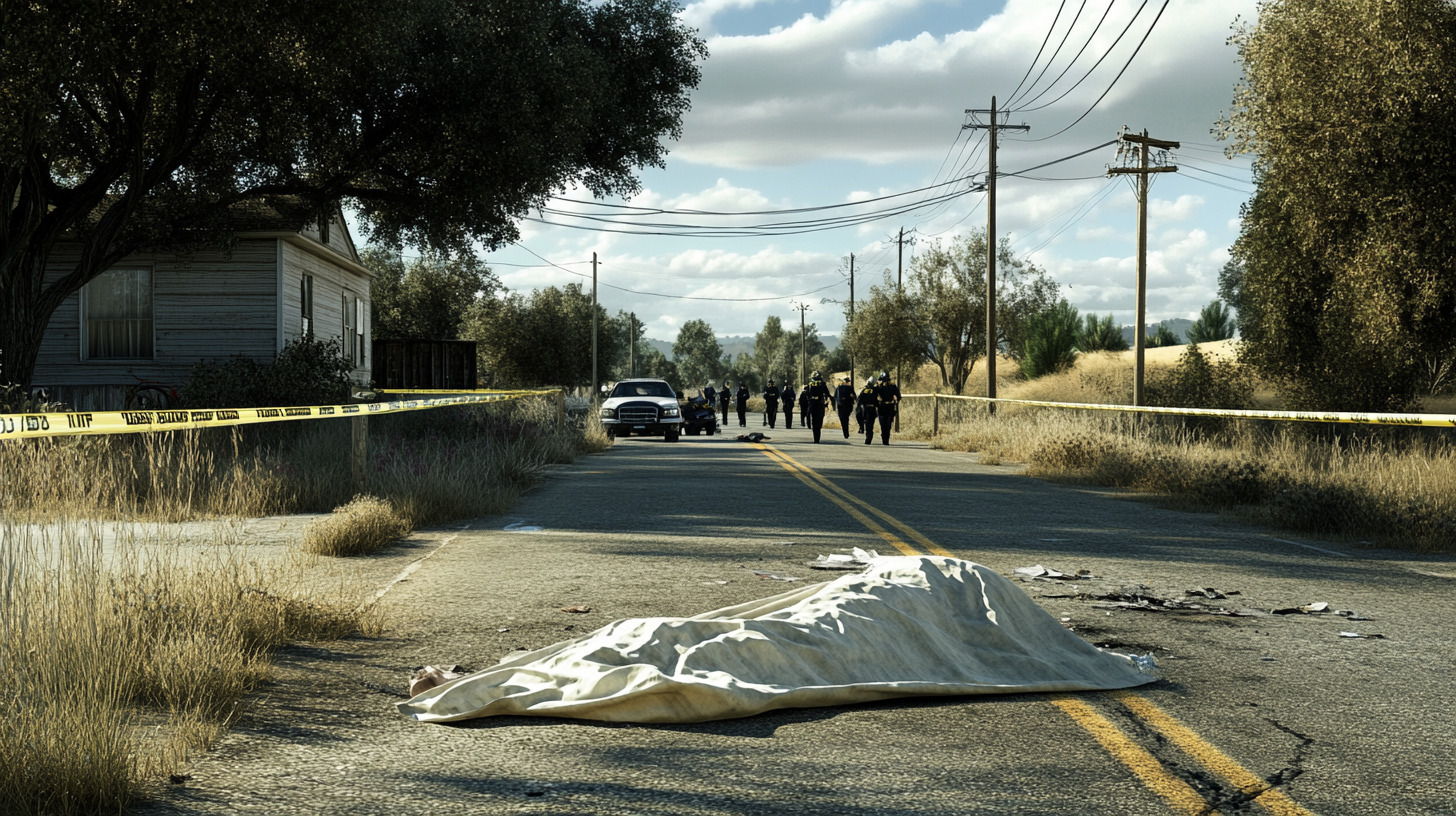 Police murder crime scene with caution tape and officers.