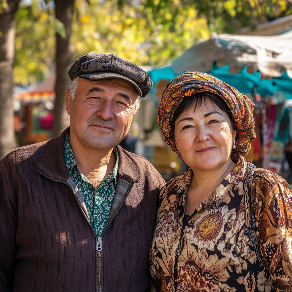 Polish couple exploring sunny Almaty with green bazar.