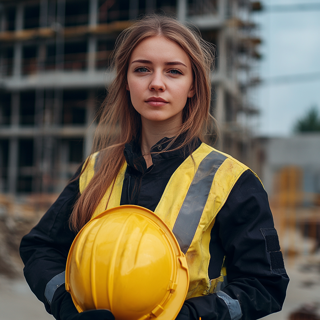 Polish executive director, in construction uniform, holding hard hat.