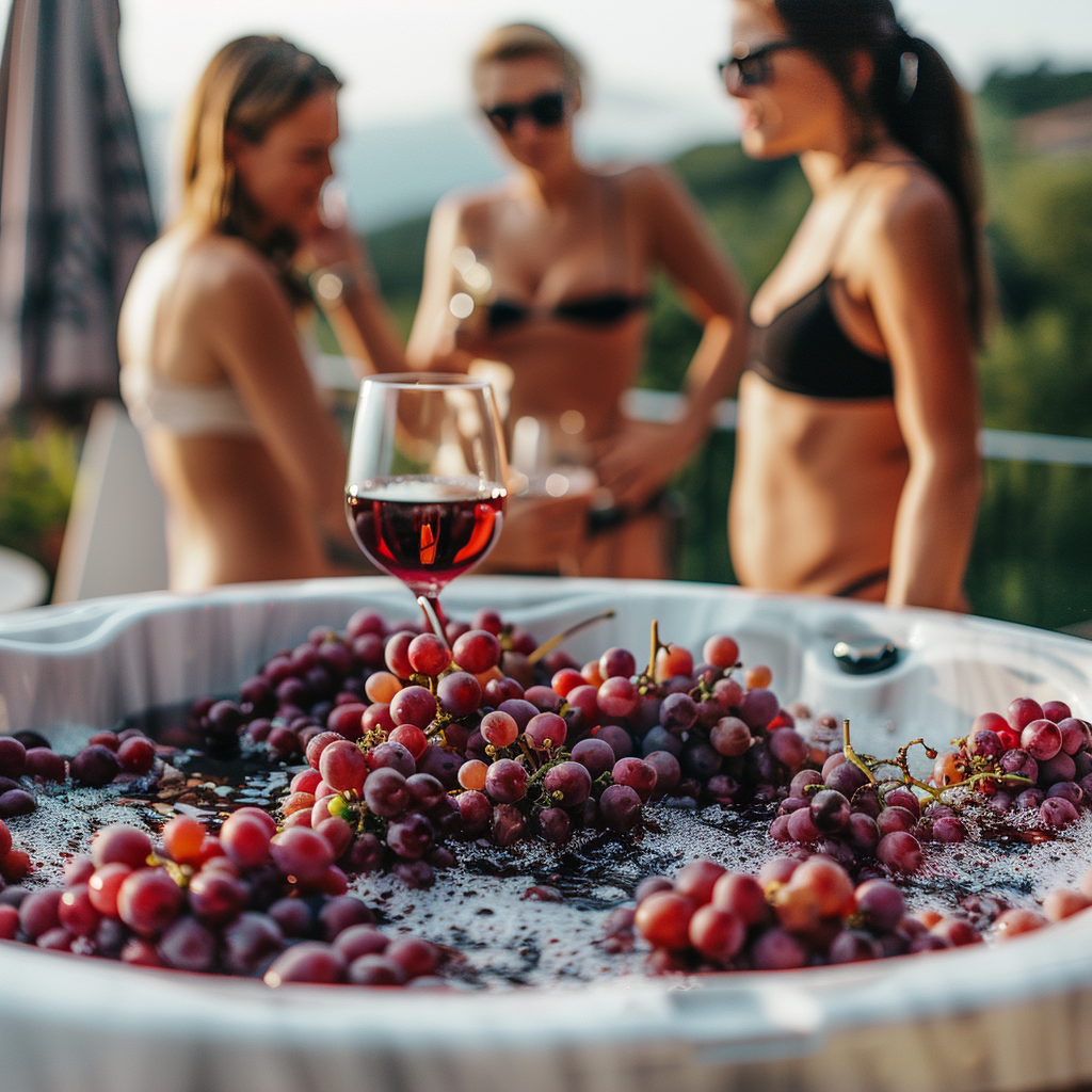 Polish people on terrace in Poland, making red wine.