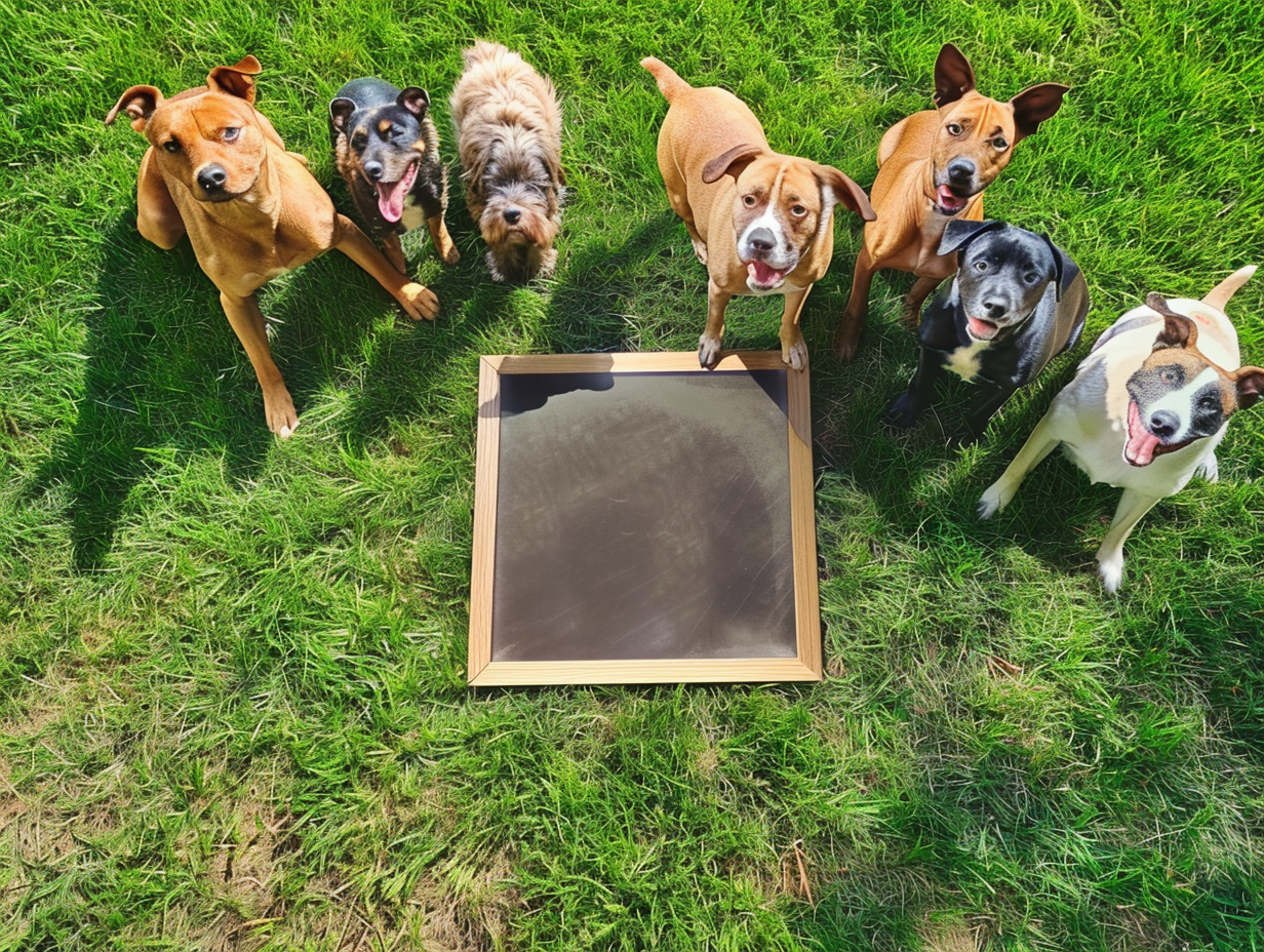 Political campaign sign in grass, six dogs lined up.