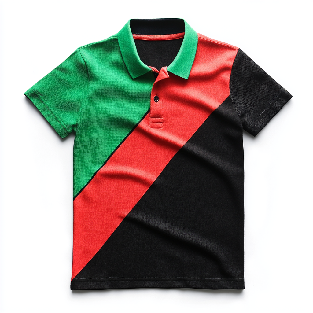 Polo shirt for boys with red, green, black design.