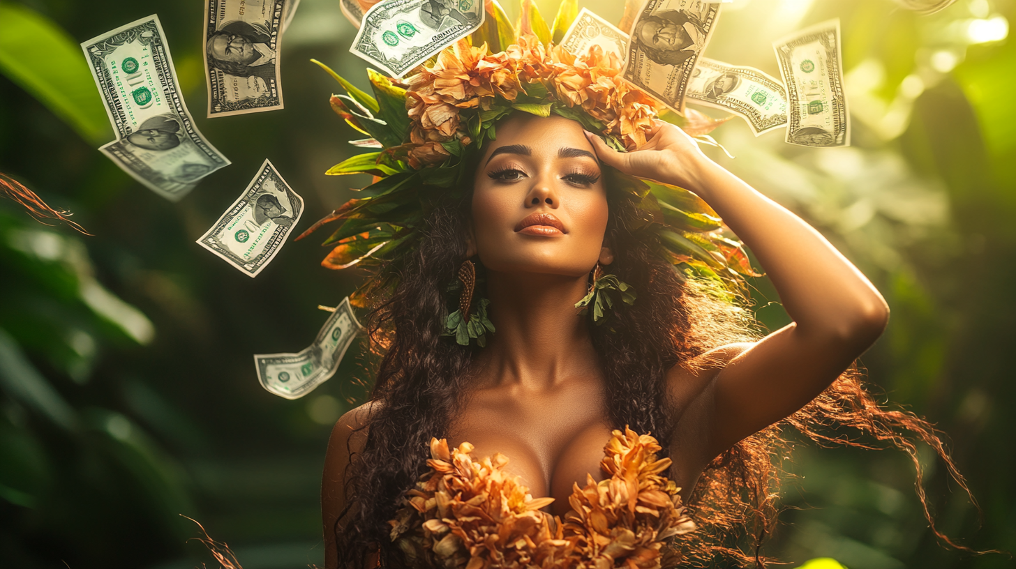 Polynesian woman with dollar bills in jungle, dramatic lighting.