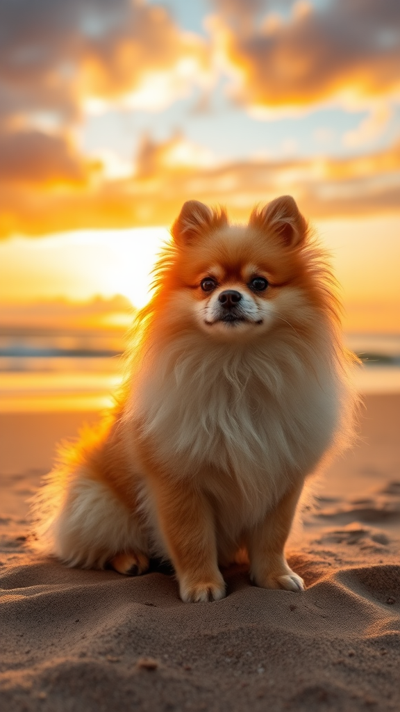 Pomeranian Dog Sitting on Sandy Beach at Sunset