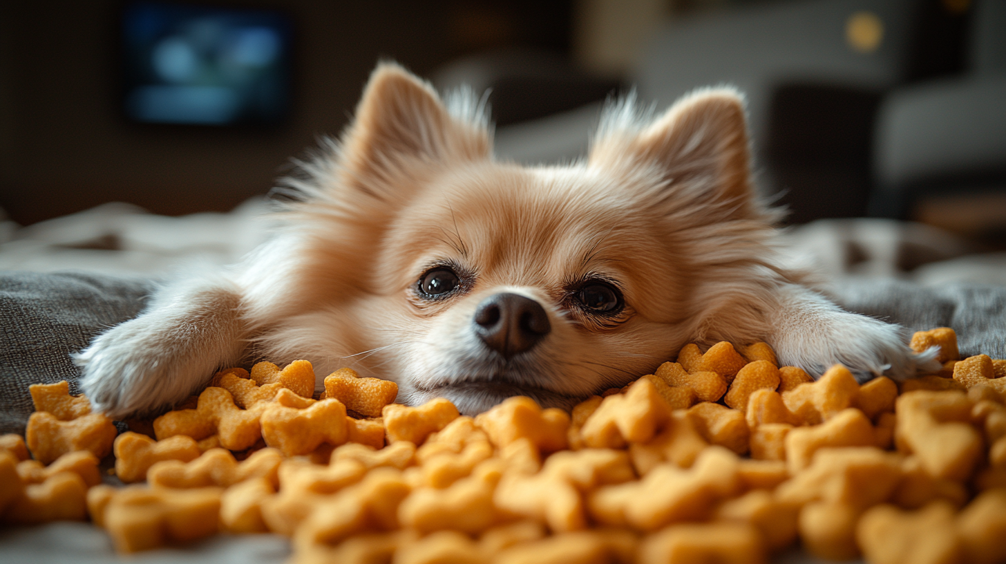 Pomeranian with white fur and fries in room.