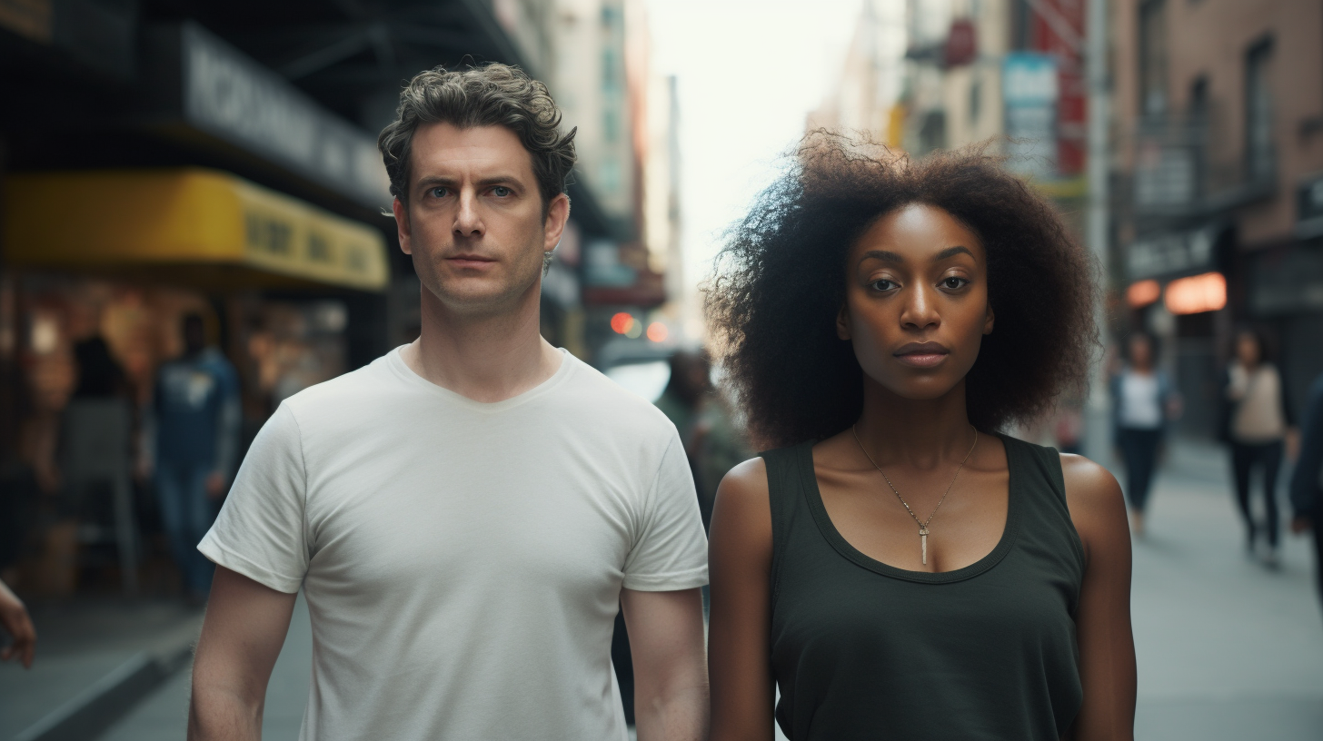 Poor Black Woman with Ugly Straight Hair in New York Street with White Boyfriend.