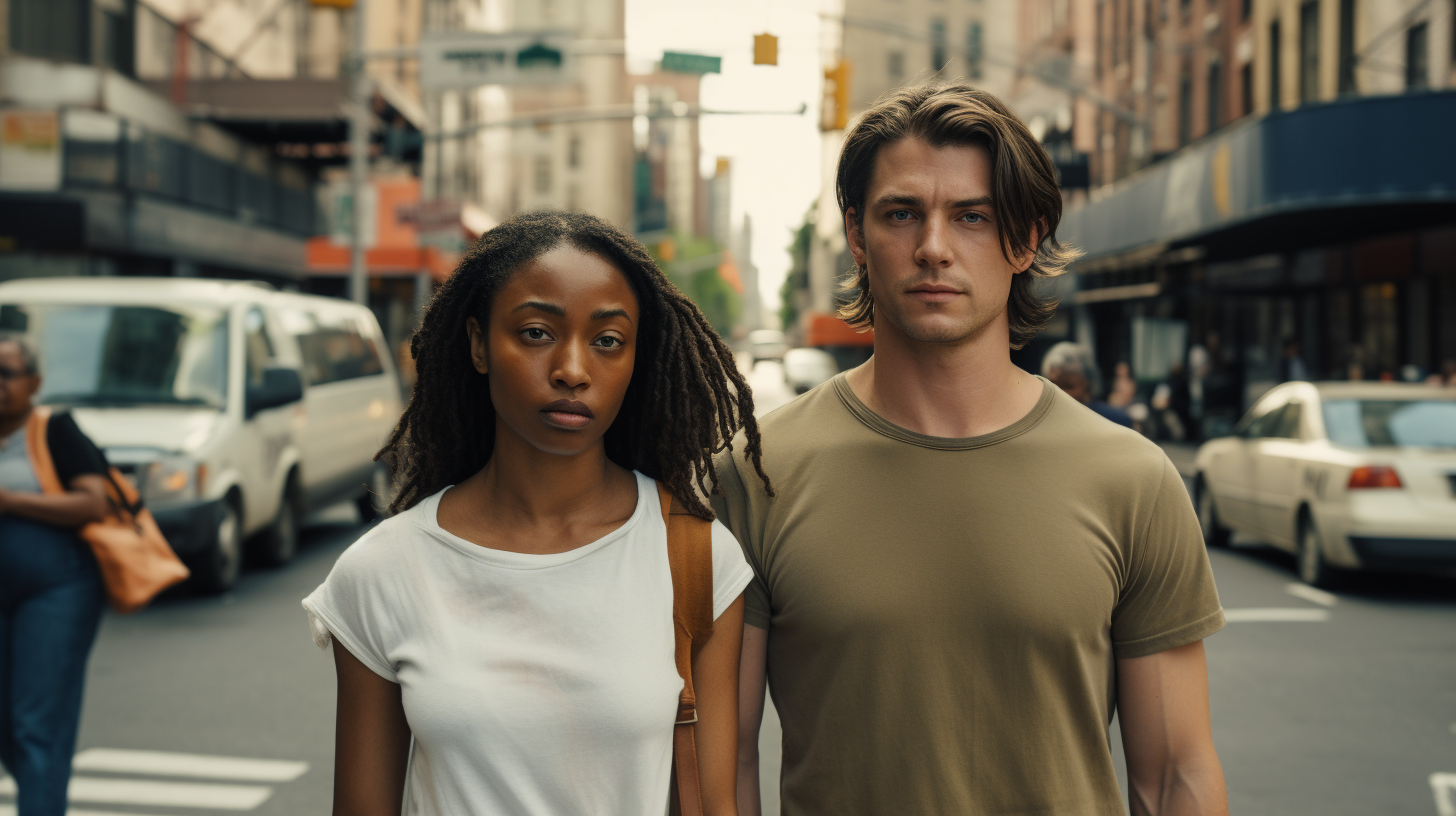 Poor black woman and white boyfriend in New York street.