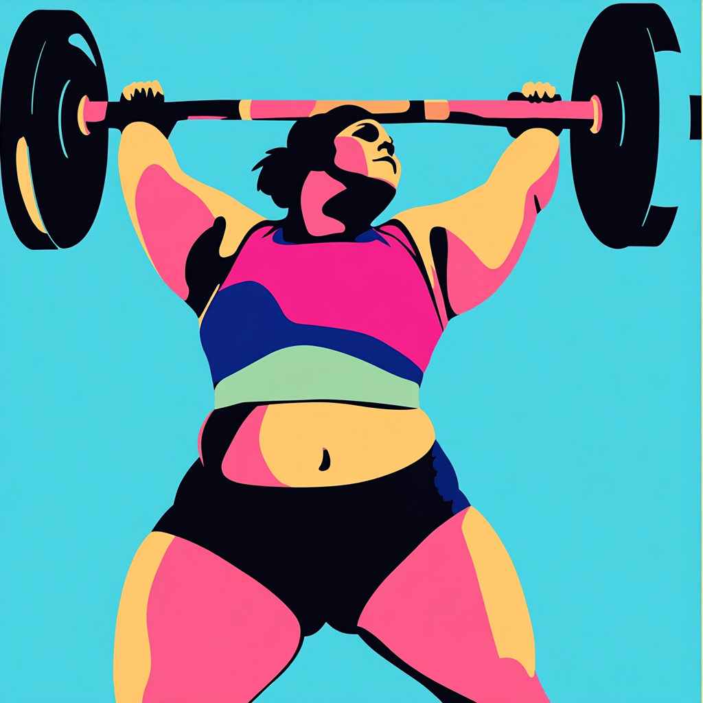 Pop art inspired minimalist collage of plus-size weightlifter.