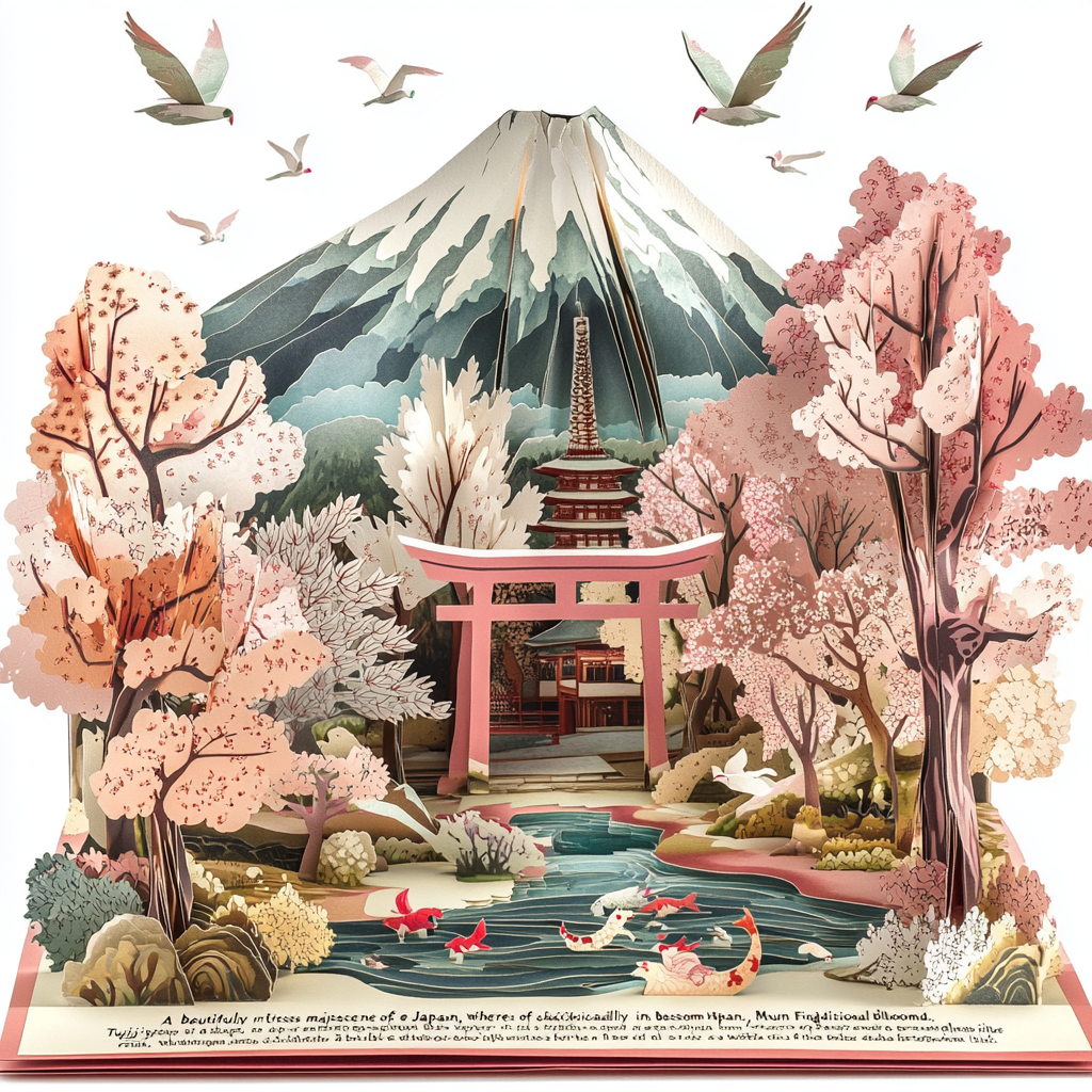 Pop-up paper art scene: Japan's Mt. Fuji, cherry blossoms.