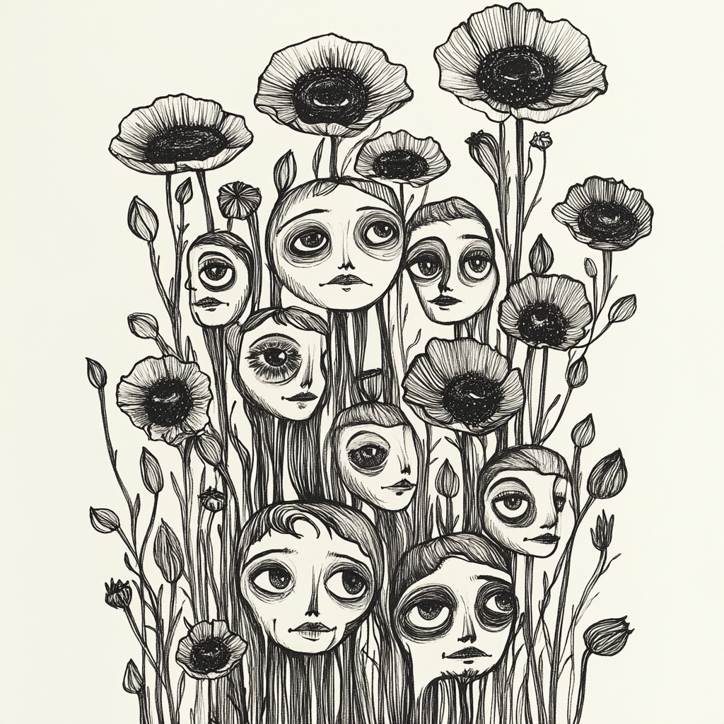 Poppy flowers with faces in Tim Burton style