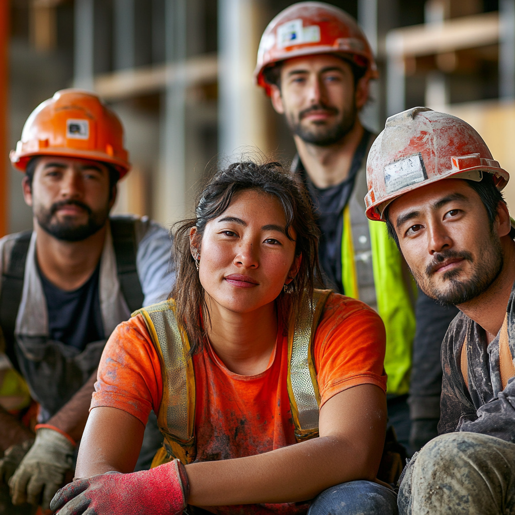 Portrait of 5 diverse workers on construction site. Proud.