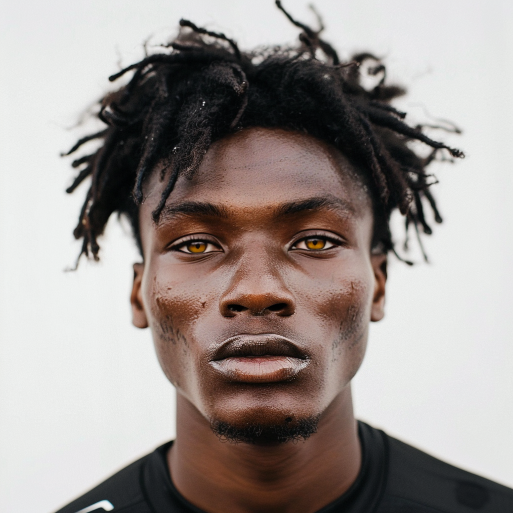 Portrait of Black English-Nigerian football player with long hair.