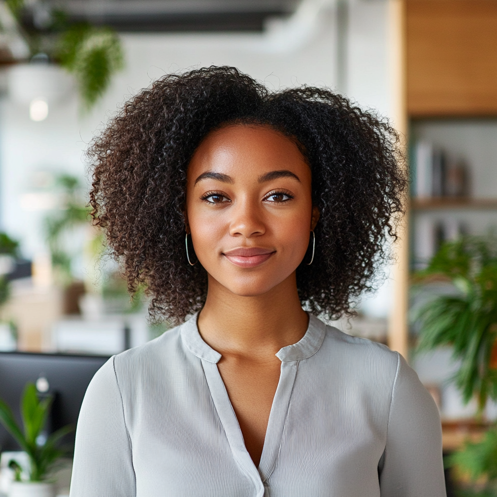 Portrait of Black woman in workspace with natural hair