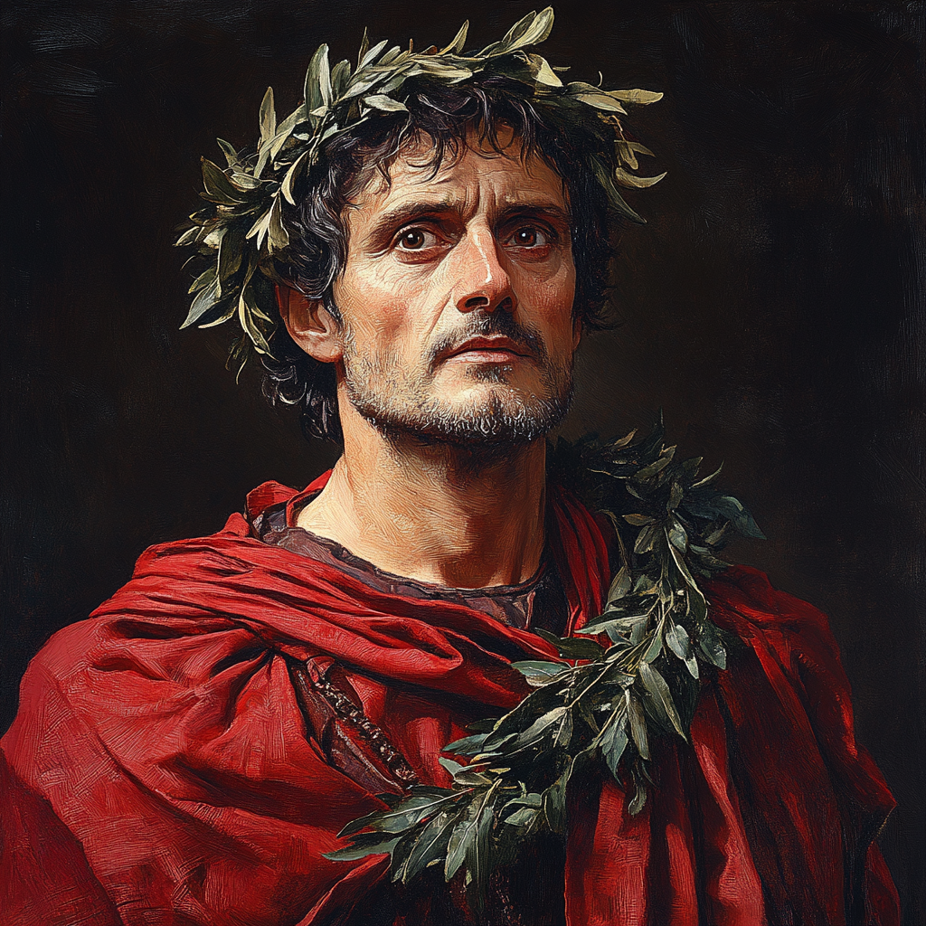 Portrait of Dante Alighieri in red robe and laurel wreath, serious expression.