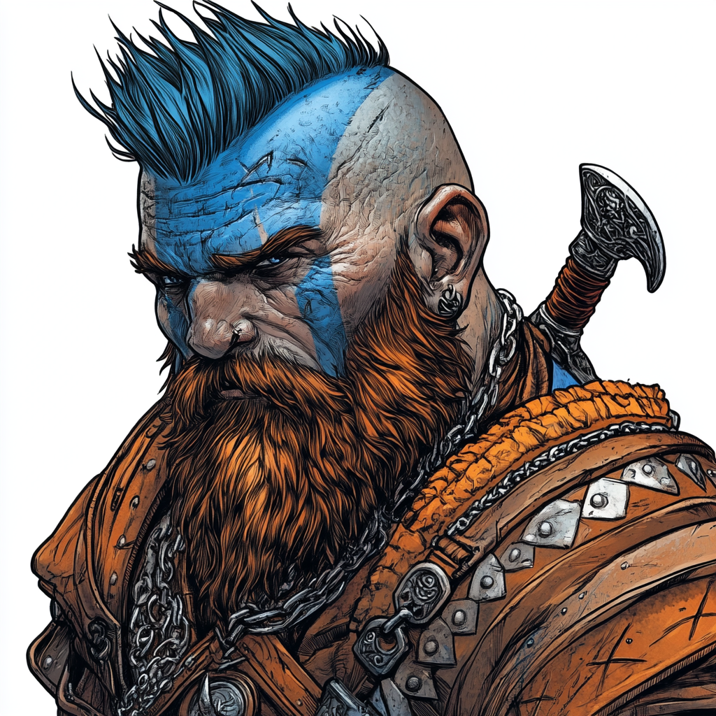 Portrait of Dwarf Bard with Blue Tattoos on Head