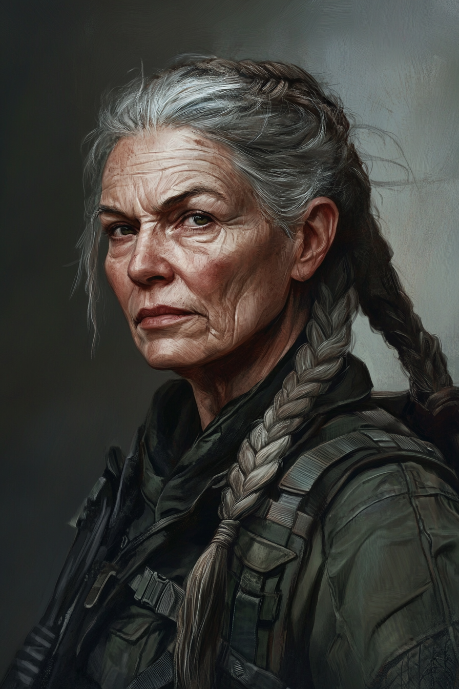 Portrait of Elderly Female Mercenary with Braids