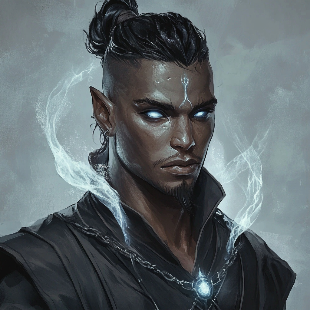 Portrait of Evil Male Dark-skinned Drow Necromancer Druid