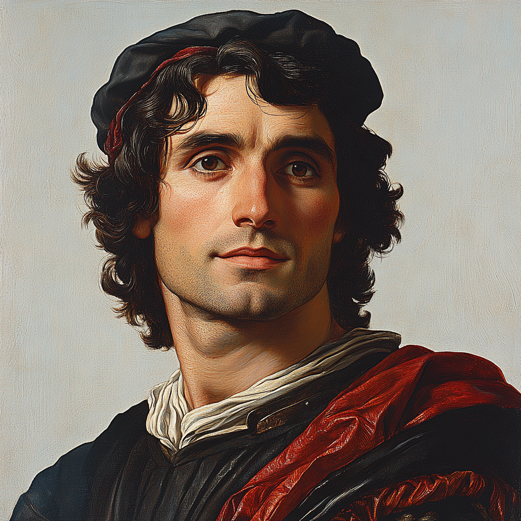 Portrait of Giovanni Boccaccio with curly dark hair.