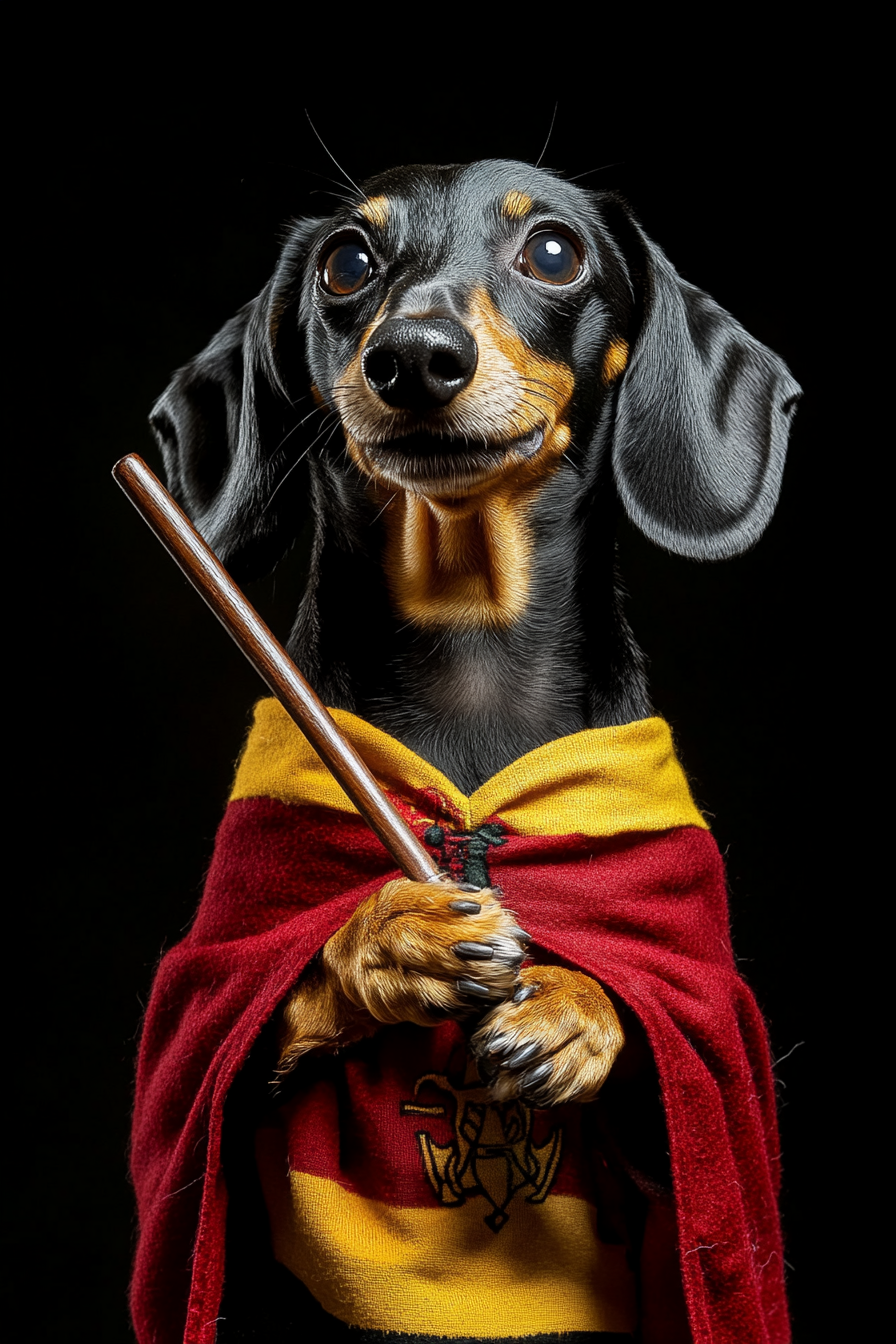 Portrait of Happy Dog in Wizard Costume Casting Spell