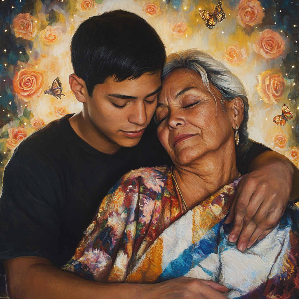 Portrait of Henry Vasquez embracing mother, radiating warmth.