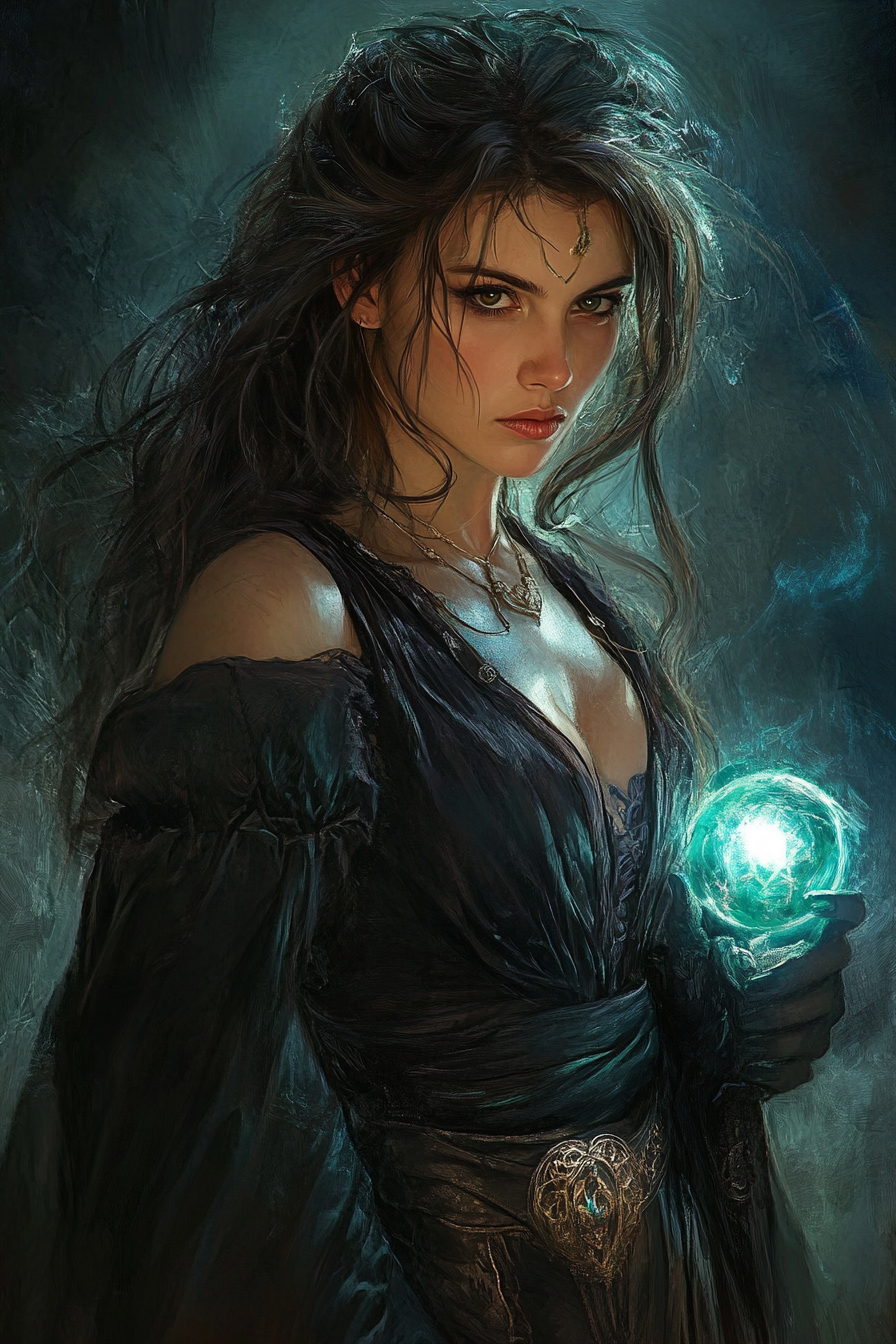 Portrait of Hermione-like Sorceress, inspired by various artists styles.