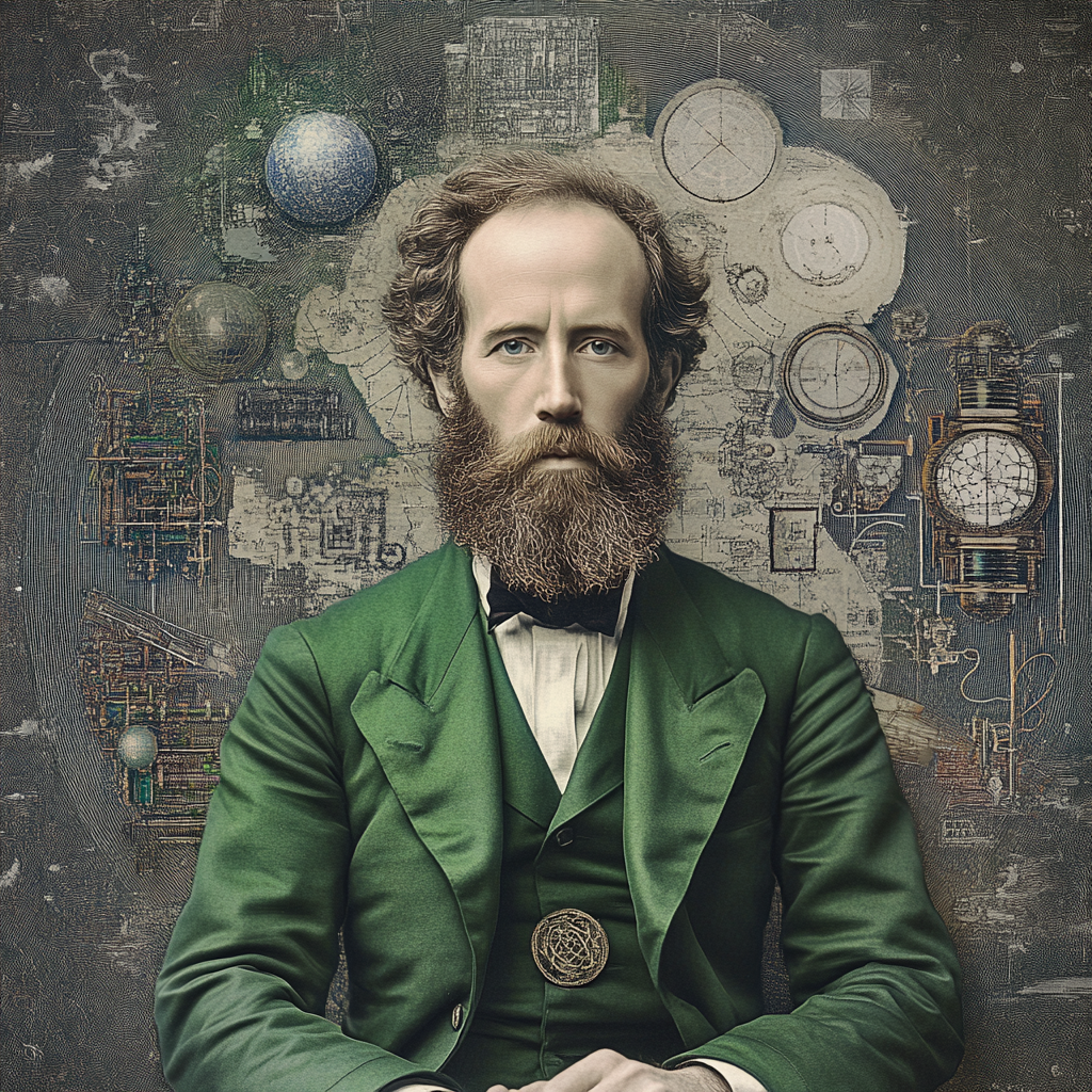 Portrait of James Clerk Maxwell in green suit, surrounded by electromagnetism iconography.