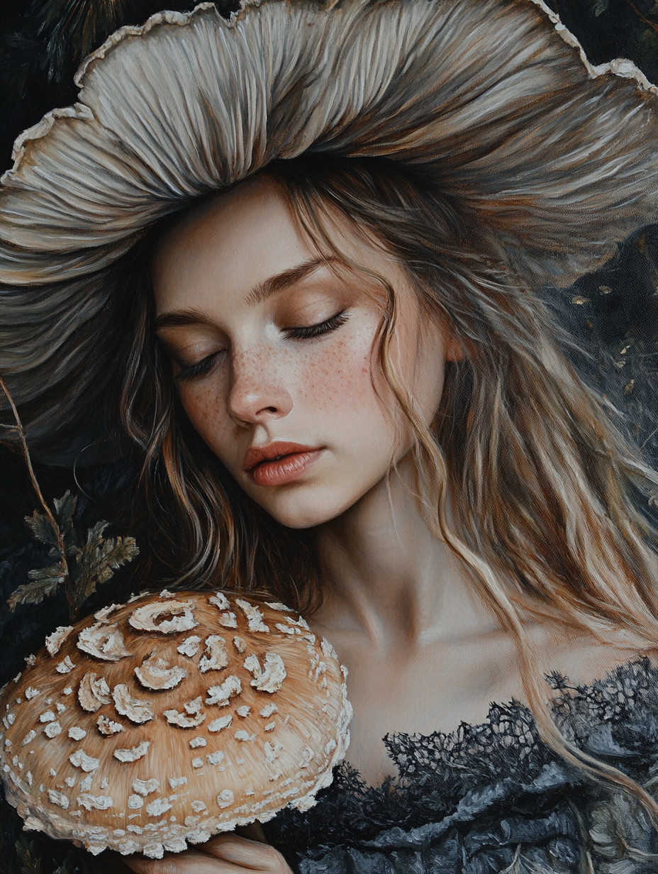 Portrait of Pretty Witch with Toadstool in Forest