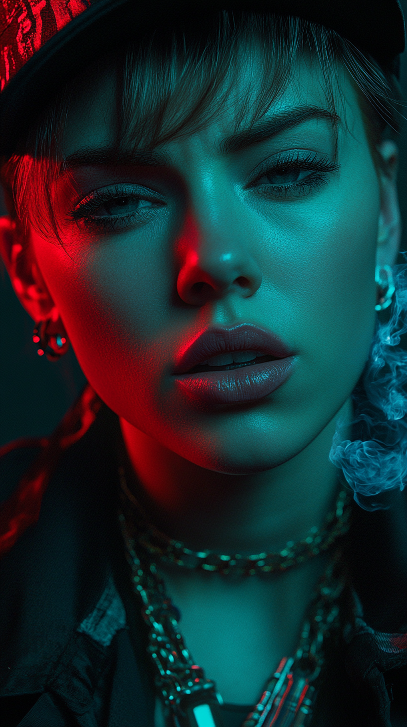 Portrait of Scarlett Johansson transformed into Latin gangsta.