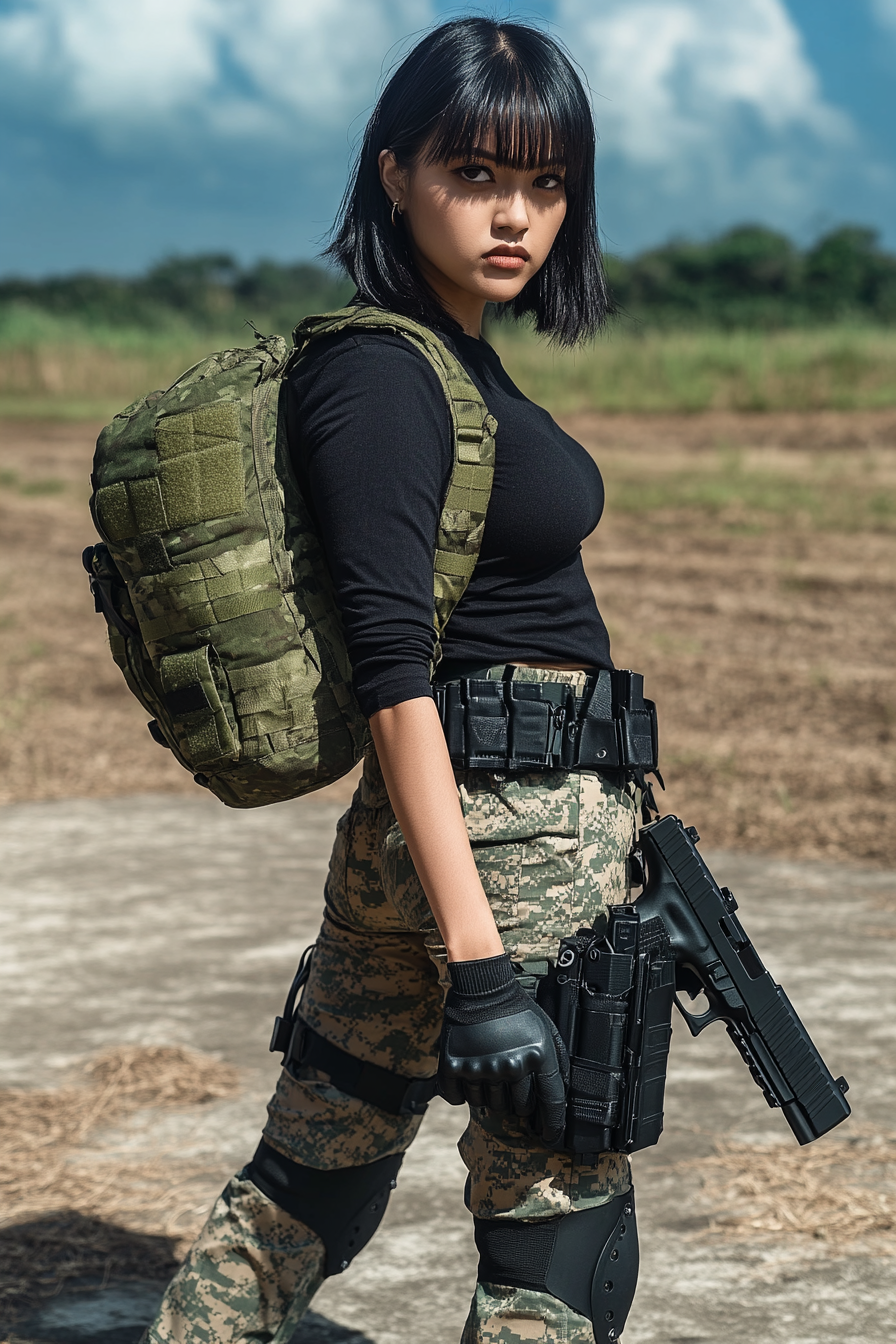 Portrait of Thai woman with short hair holding pistols.