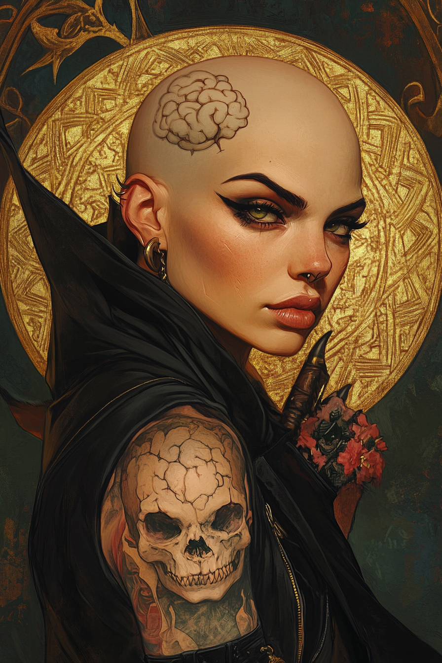 Portrait of a bald witch with brain tattoos.