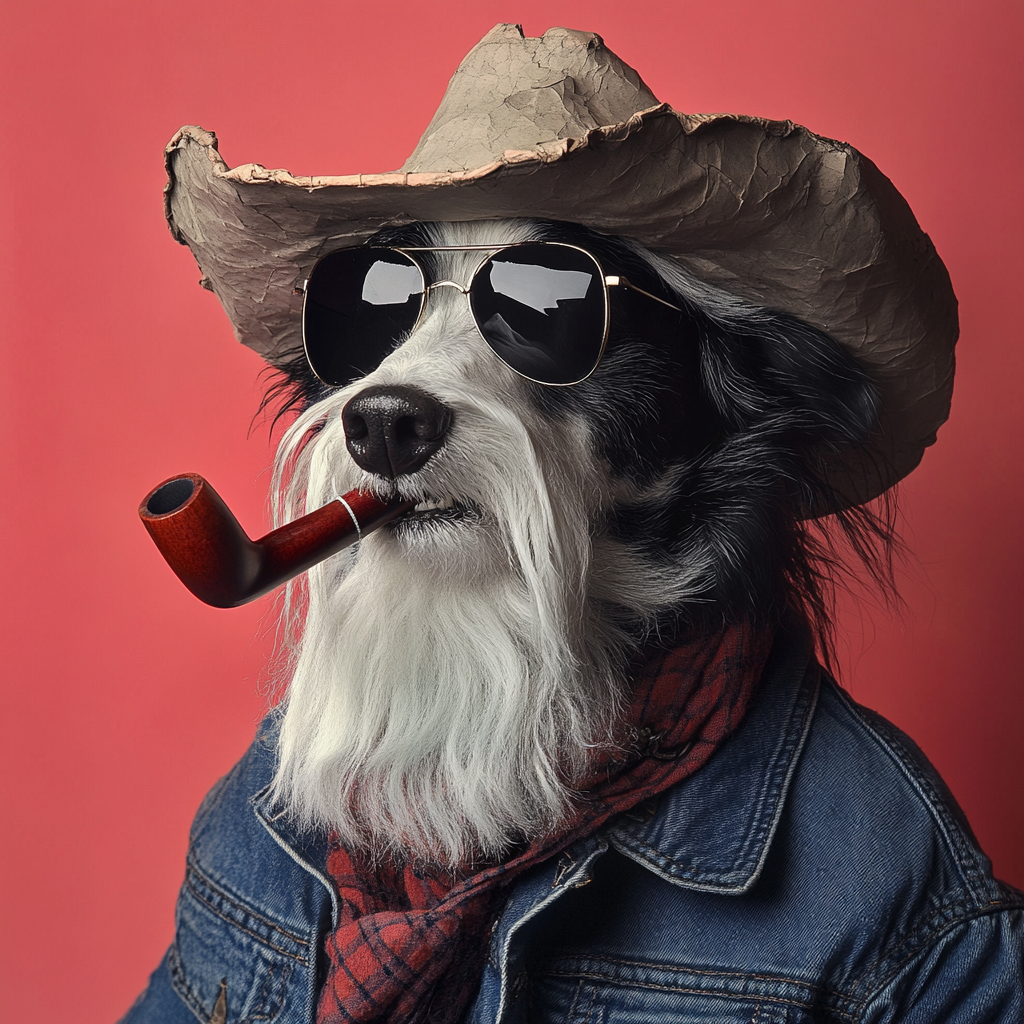 Portrait of a cowboy Border Collie with pipe.