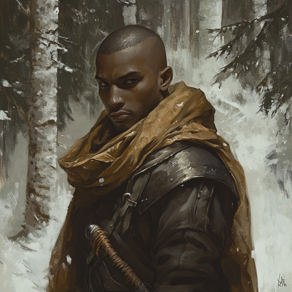 Portrait of a deceptive medieval rogue in forest.