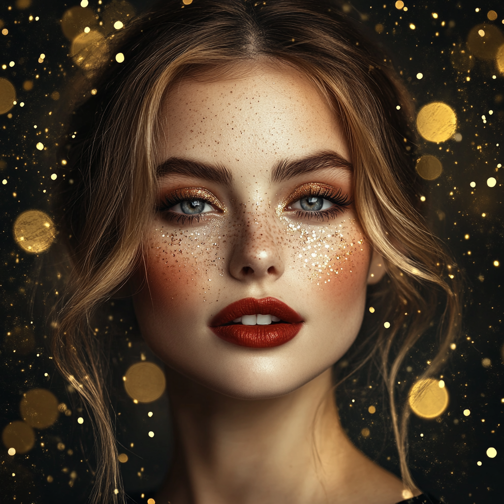 Portrait of a woman, lips voluminous, hair with glitter.