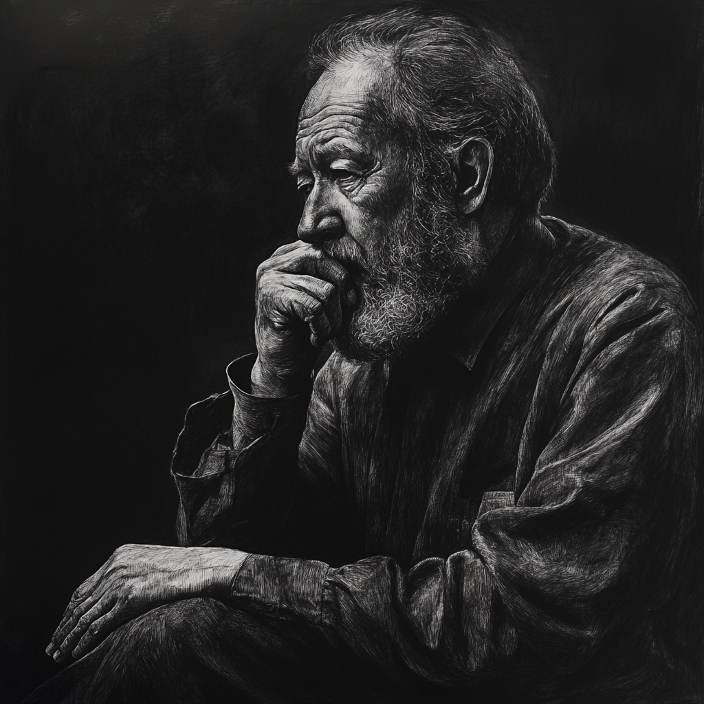 Portrait of author Solzhenitsyn in deep melancholic thought.