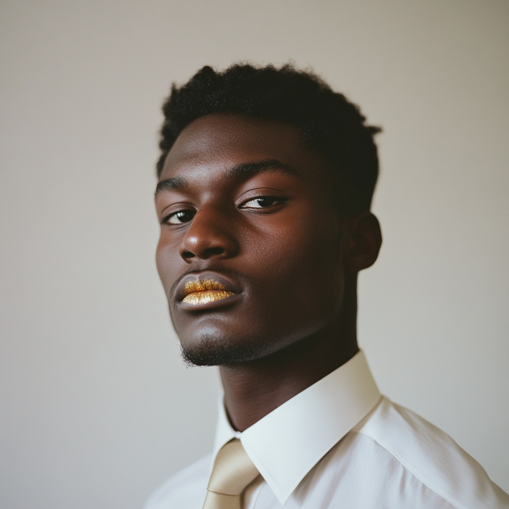 Portrait of black man with golden lipstick, Tillmans-style.