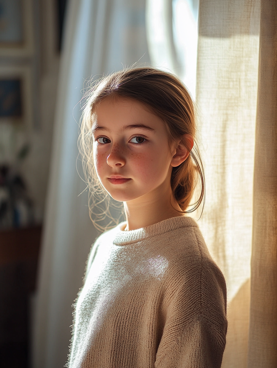 Portrait of chubby 12-year-old girl in cozy room.